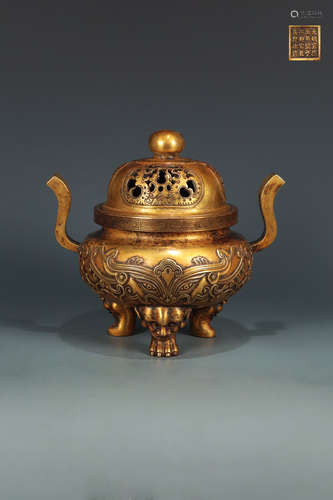 14-16TH CENTURY, AN ANIMAL PATTERN GILT BRONZE CENSER, MING DYNASTY