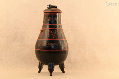 206 BC-220 AD, A COLOUR PAINTING&DRAGON PATTERN COVERD TRIPOD VASE, HAN DYNASTY