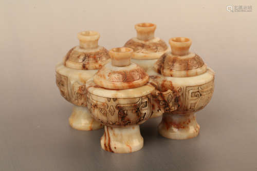 206 BC-220 AD, FOUR SQURE&ROUND COVERED WHITE JADE JARS, HAN DYNASTY