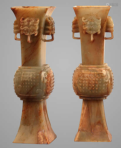 206 BC-220 AD, A PAIR OF BEAST FACE WHITE JADE VASES, HAN DYNSATY