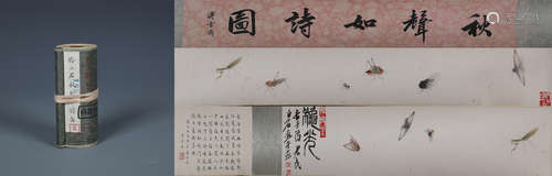 A CHINESE SCROLL PAINTING OF INSECTS SIGNED BY QI