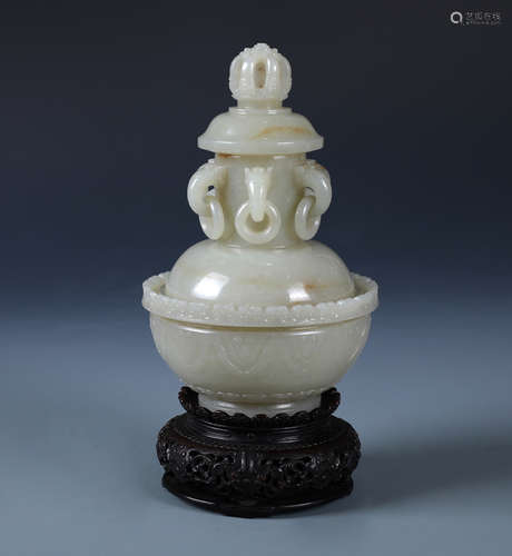 A CHINESE WHITE JADE CENSER AND COVER &WITH ZITAN STAND