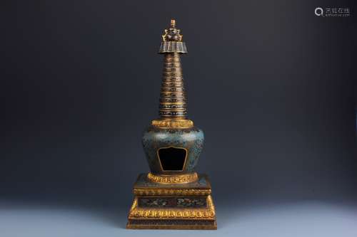 A Finely Carved Cloisonne Enamel and Gilt Bronze Stupa