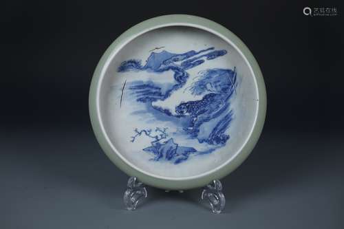 A CHINESE UNDERGLAZE CELDON ,BLUE AND WHITE BRUSH