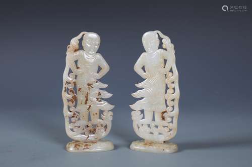 A Pair Of Finely Carved White And Russet Jade Figurines