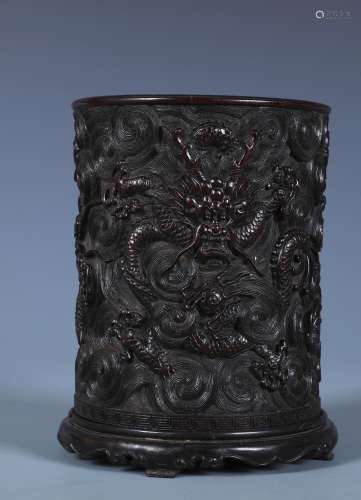 A CHINESE CARVED ZITAN DRAGON BRUSH POT