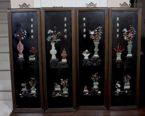 A CHINESE JADE AND HARDSTONE INLAID FOUR PANEL HARDWOOD