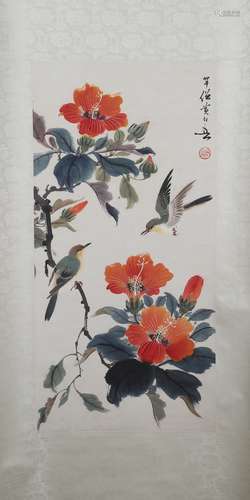 A CHINESE PAINTING OF RED FLOWER AND BIRD SIGNED BY