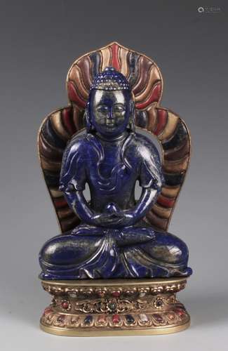 A CHINESE CARVED LAPIS FIGURE OF AMITAYUS WITH CINNABAR