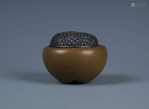 A CHINESE TEA DUST GLAZED PORCELAIN INCENSE BURNER AND