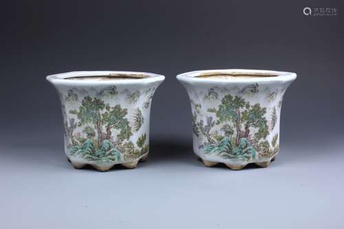 PR CHINESE FAMILLE ROSE FACETED 'LANDSCAPE' CACHE POT