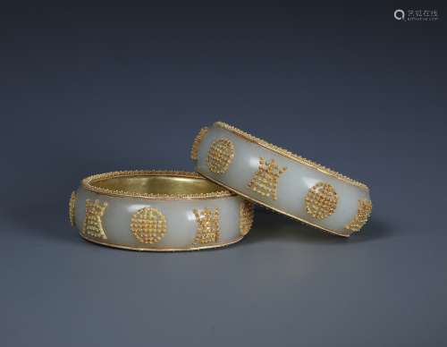 PR IMPERIAL OLD GOLD INLAID  WHITE JADE BANGLES