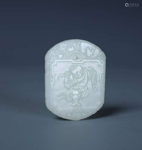 A CHINESE CARVED WHITE JADE BOY PENDANT PLAQUE