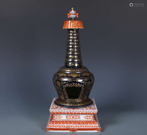 Chinese Blue Glazed Porcelain Stupa  W/Golden Painting