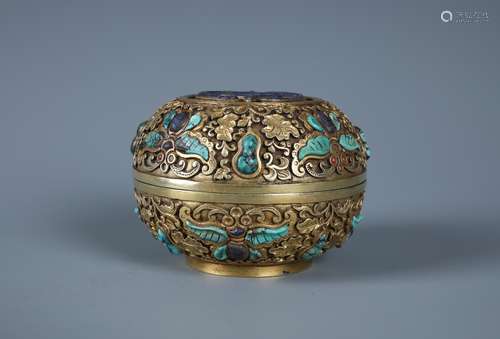 CHINESE SILVER-GILT  BOX  INLAID TURQUOISE,LAPIZ ,CORAL