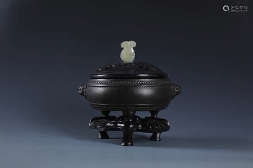 A Chinese Bronze Drumhead Censer with Jade Cover Finial