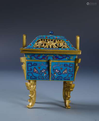 A SUPERB CLOISONNE ENAMEL ARCHAISTIC CENSER AND COVER,