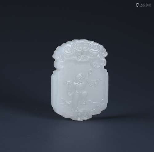 A RARE CARVED CHINESE WHITE JADE 'BOY AND BAT' PENDENT