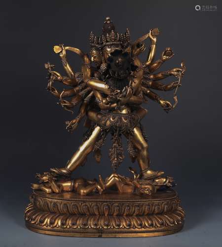 A LARGE AND RARE GILT BRONZE FIGURE OF CAKRASAMVARA