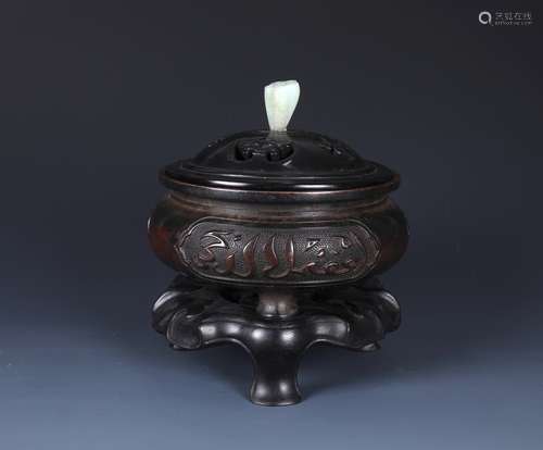 CHINESE BRONZE CENSER W/ARABIC INSCRIPTION &JADE FINIAL