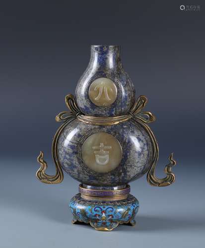 A CHINESE LAPIZ DOUBLE GOURD VASE &GILT BRONZE STAND