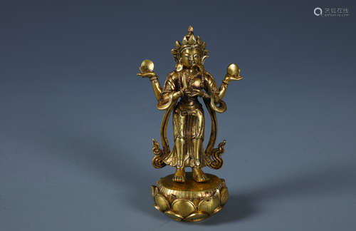 A GOLD FIGURE OF GUANYIN STANDING  ON LOTUS PEDESTAL