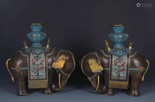 A Rare Pair of Cloisanne Enamel Figures Of Elephants