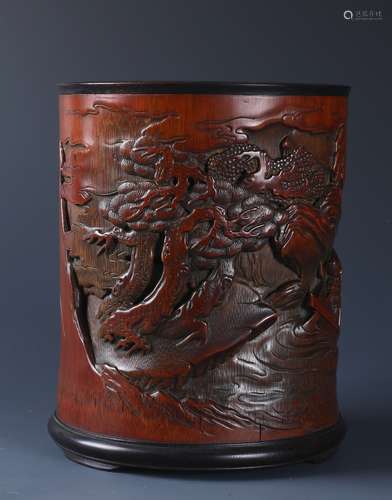 A CARVED CHINESE BAMBOO LANDSCAPE  BRUSH POT