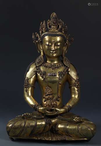 Gilt Bronze Figure Of  Amitayus Inlaid with Dzi Beads