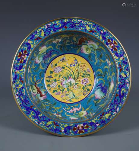 A CHINESE CLOISONEE ENAMEL 'BAT AND PEACH' BOWL WITH