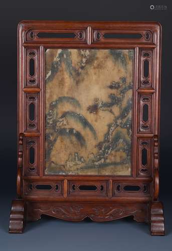 A CHINESE MARBLE  INLAID HUANGHUALI TABLE SCREEN