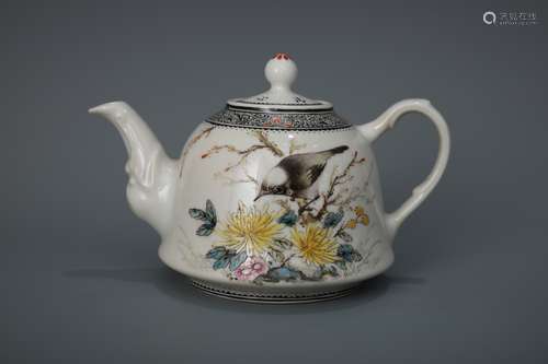 AN INSCRIBED CHINESE FAMILLE ROSE TEAPOT