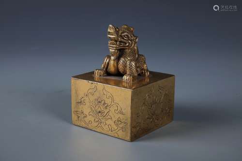 A Finely Carved Gilt Bronze Mythical Animal Seal