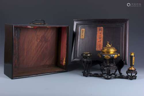 QIANLONG GILT BRONZE INCENSE BURNER SET & ZITAN STAND