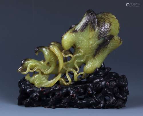 Yellow Jade Figure of Ghostly Gyrfalcons & Zitan Stand