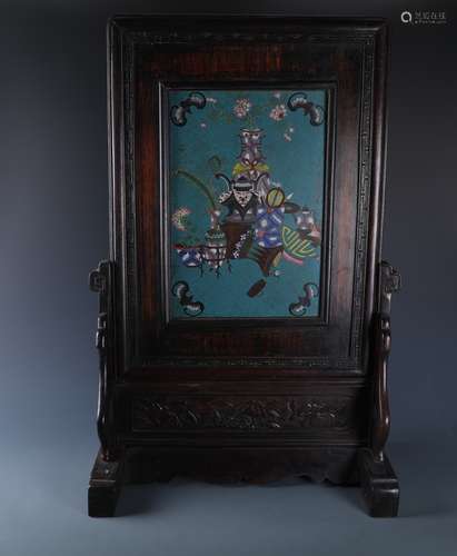 A CHINESE CLOISONNE ENAMEL & ROSEWOOD TABLE SCREEN