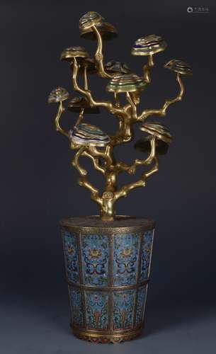 A CHINESE GILT-BRONZE AND CLOISONNE ENAMEL LINGZHI RUYI