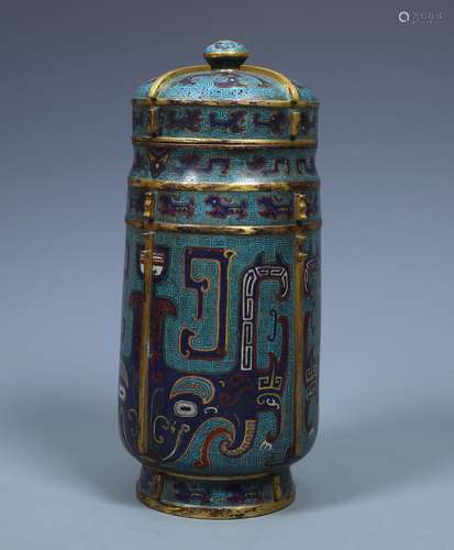 A CLOISONNE ENAMEL & GILT BRONZE ' TAOTIE MASK' VASE