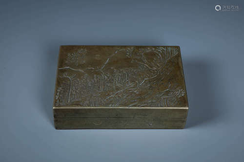 A  CARVED CHINESE BRONZE  INK-STONE BOX WITH