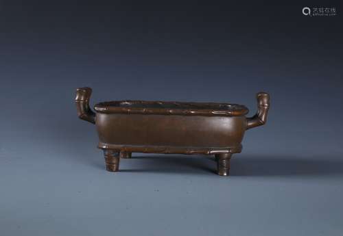 A CHINESE BRONZE BAMBOO-SHAPED CENSER WITH TWO HANDLES