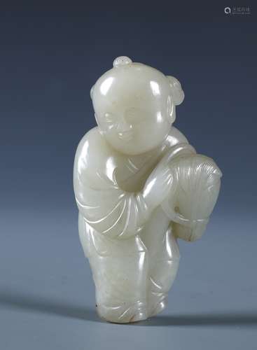 A CHINESE WHITE JADE CARVING OF BOY RIDING HORSE