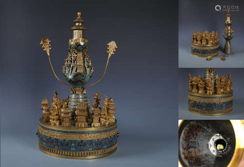 Extremely Rare Tibetan Gilt Bronze Cloisonne Mandala