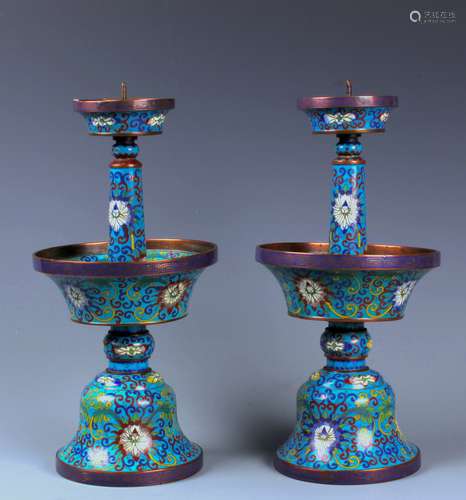 A FINE PAIR OF CLOISONNE ENAMEL PRICKET CANDLESTICKSÂ 