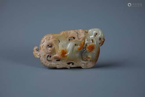 A RARE CHINESE GREYISH-WHITE JADE OPENWORK CHILONG