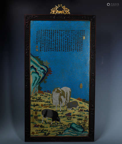 CLOISONNE ENAMEL &GILT BRONZE SCREEN PANEL& ZITAN FRAME