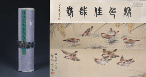 A CHINESE SCROLL PAINTING OF FLOWERS AND BIRDS BY YAN