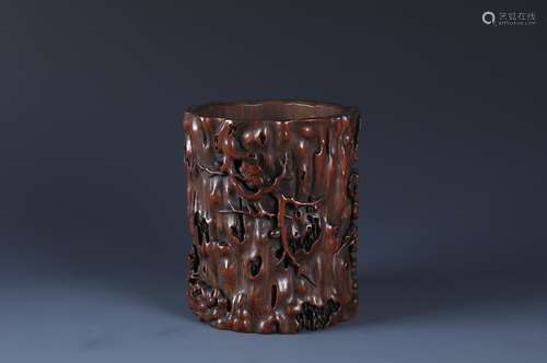 A Finely Carved Bamboo 'Plum Blossom and Bird ' Brush