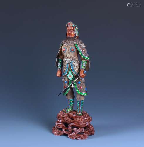 A CHINESE SILVER-GILT , FILIGREE AND  ENAMELLED WARRIOR