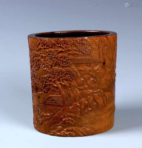 A FINELY CARVED CHINESE ALOESWOOD 'LANDSCAPE'  BRUSH