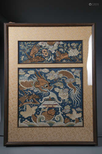 A CHINESE GOLD WRAPPED SILK EMBROIDERY PANEL OF DRAGON